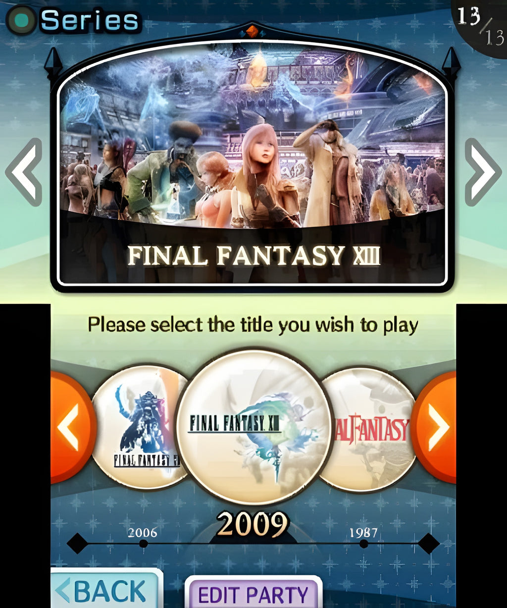 Die Serienauswahl in Theatrhythm Final Fantasy zeigt Final Fantasy XIII als Hauptauswahl.