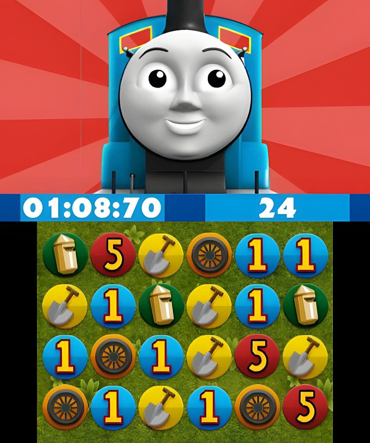 In Thomas und seine Freunde ist Thomas' Gesicht über einem Puzzle-Spielfeld zu sehen.