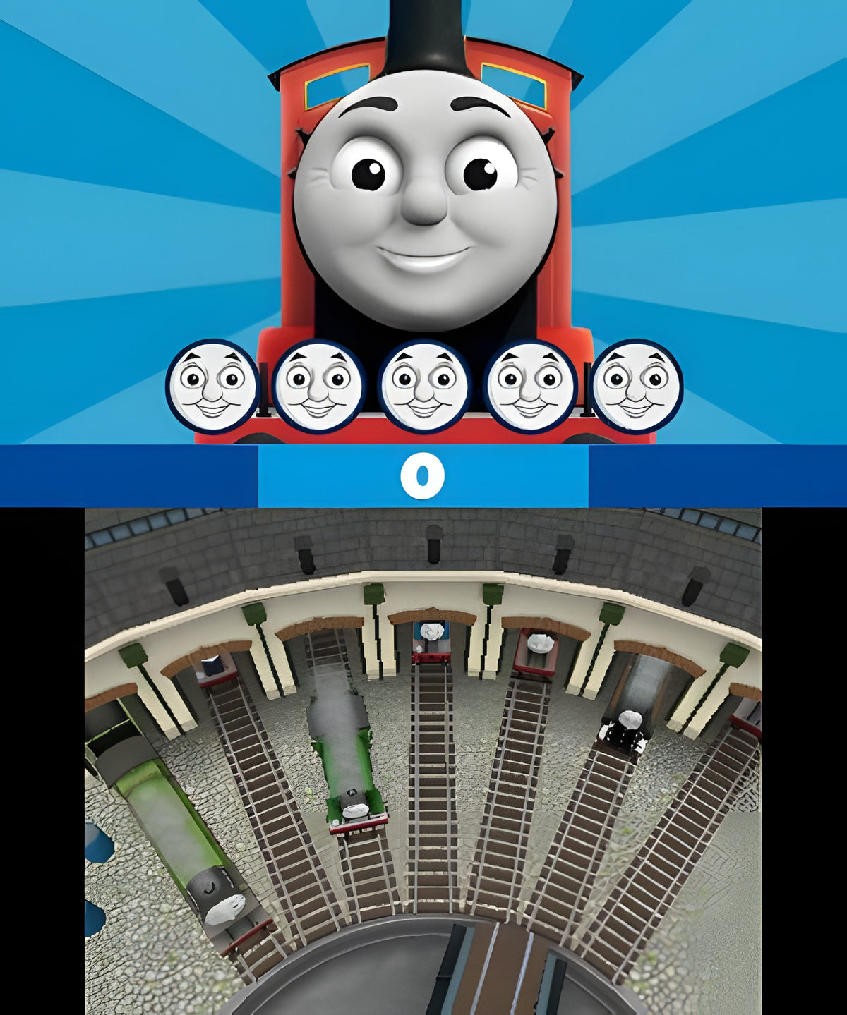 In Thomas und seine Freunde zeigt der obere Bildschirm James, unten ist ein Lokschuppen mit Drehscheibe zu sehen.