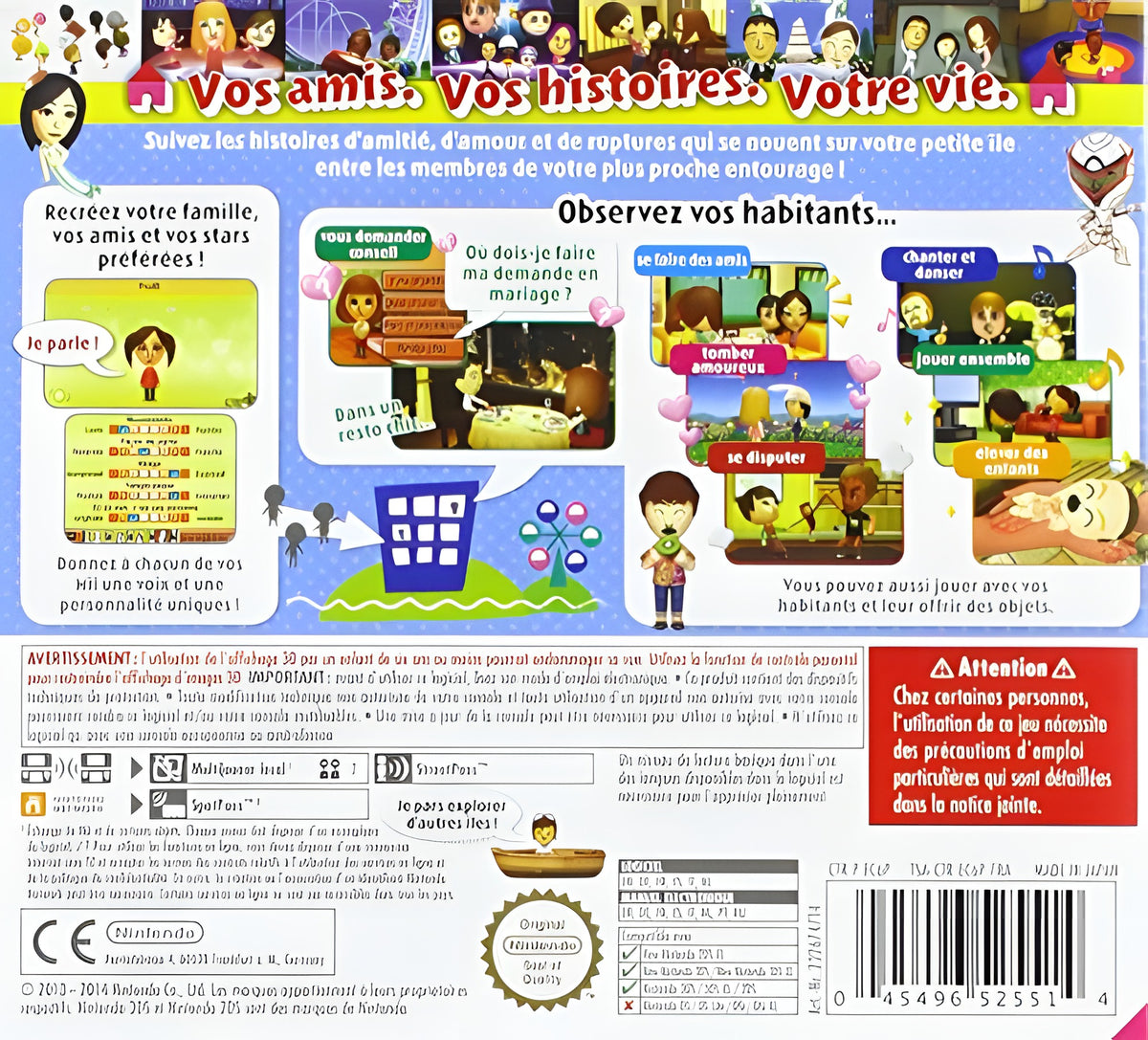 Die Rückseite der Verpackung von Tomodachi Life zeigt mehrere kleine Spielszenen und französische Texte.