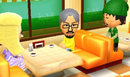 Drei Mii-Charaktere sitzen an einem Tisch in einem Restaurant und trinken Kaffee.