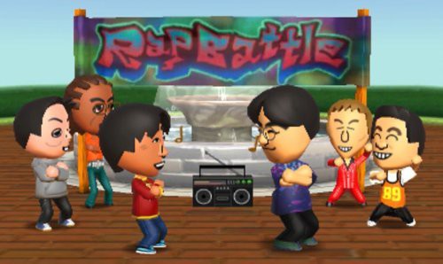 Zwei Mii-Charaktere liefern sich ein Rap-Battle mit Boombox, während andere Mii-Figuren zuschauen.