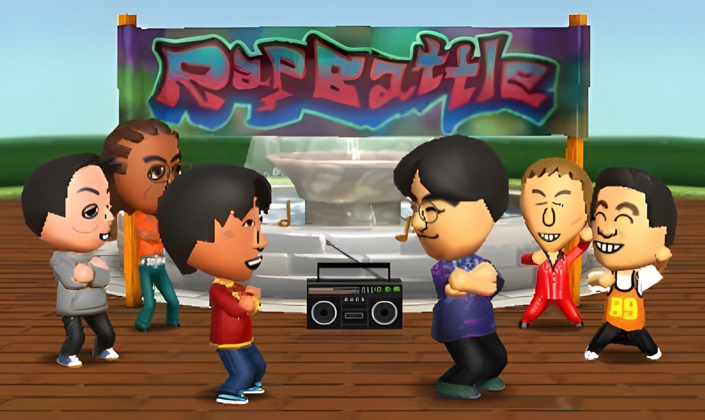 Ein Rap-Battle mit mehreren Mii-Charakteren findet in Tomodachi Life vor einem Brunnen statt.