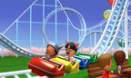 Zwei Mii-Charaktere fahren in Tomodachi Life in einer Achterbahn, weitere Miis sitzen daneben.