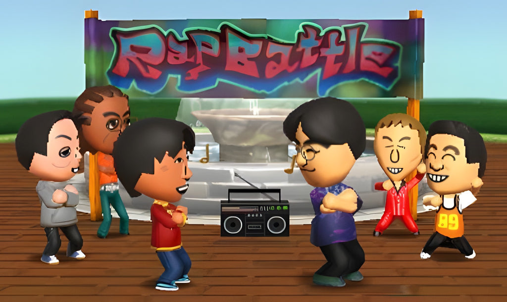 In Tomodachi Life treten sechs Mii-Charaktere bei einem Rap Battle vor einem Brunnen an.