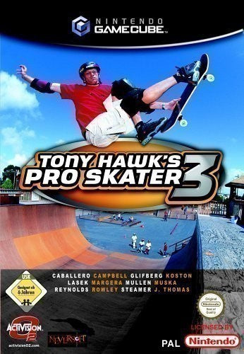 Die Vorderseite von Tony Hawk's Pro Skater 3 für GameCube zeigt einen Skater in der Luft und das USK ab 6 Siegel.