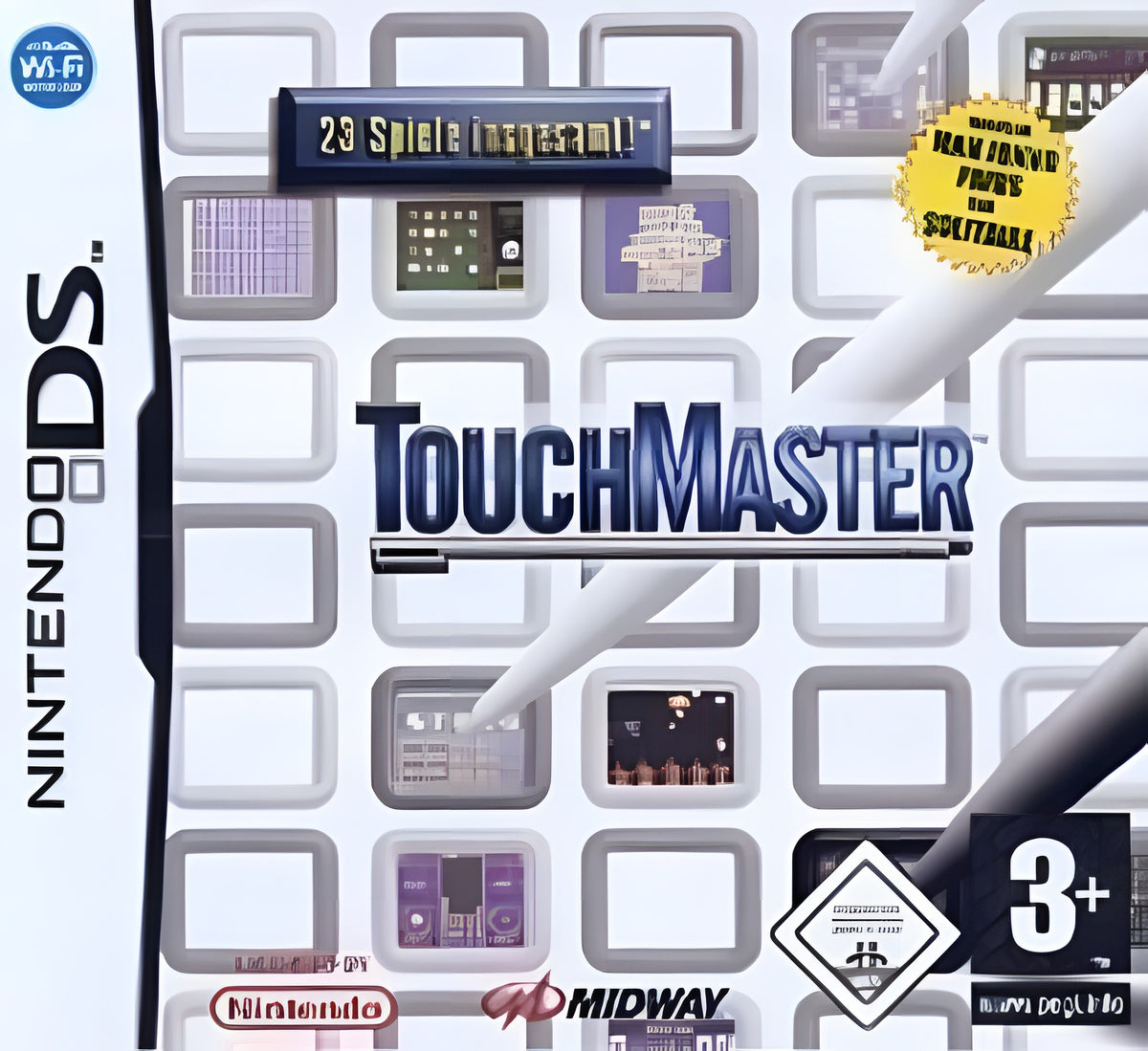 Das Cover von TouchMaster für Nintendo DS zeigt den Titel und viele kleine Spielszenen, dazu das PEGI 3+ Siegel.