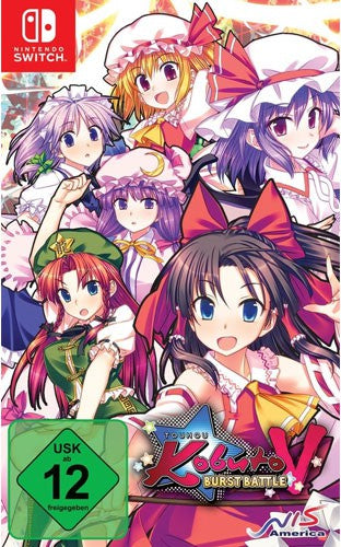 Das Cover von Touhou Kobuto V: Burst Battle für Nintendo Switch zeigt sieben Manga-Mädchen und das USK ab 12 Siegel.