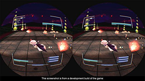 Eine VR-Ansicht zeigt eine Spielfigur in einem Kampf auf einer dunklen Plattform mit vielen Lichteffekten.