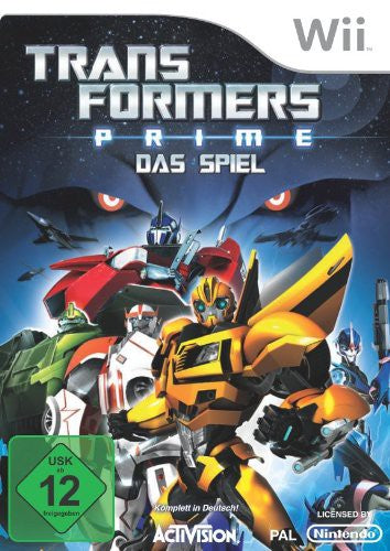 Das Cover von Transformers Prime: Das Spiel für Wii zeigt mehrere Autobots, darunter Bumblebee und Optimus Prime.