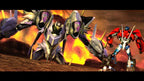 Optimus Prime kämpft gegen einen großen, lila-grauen Decepticon in einer feurigen Umgebung.