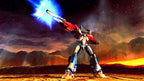 Optimus Prime schießt mit einem blauen Energiestrahl aus seiner Waffe in einer vulkanischen Landschaft.