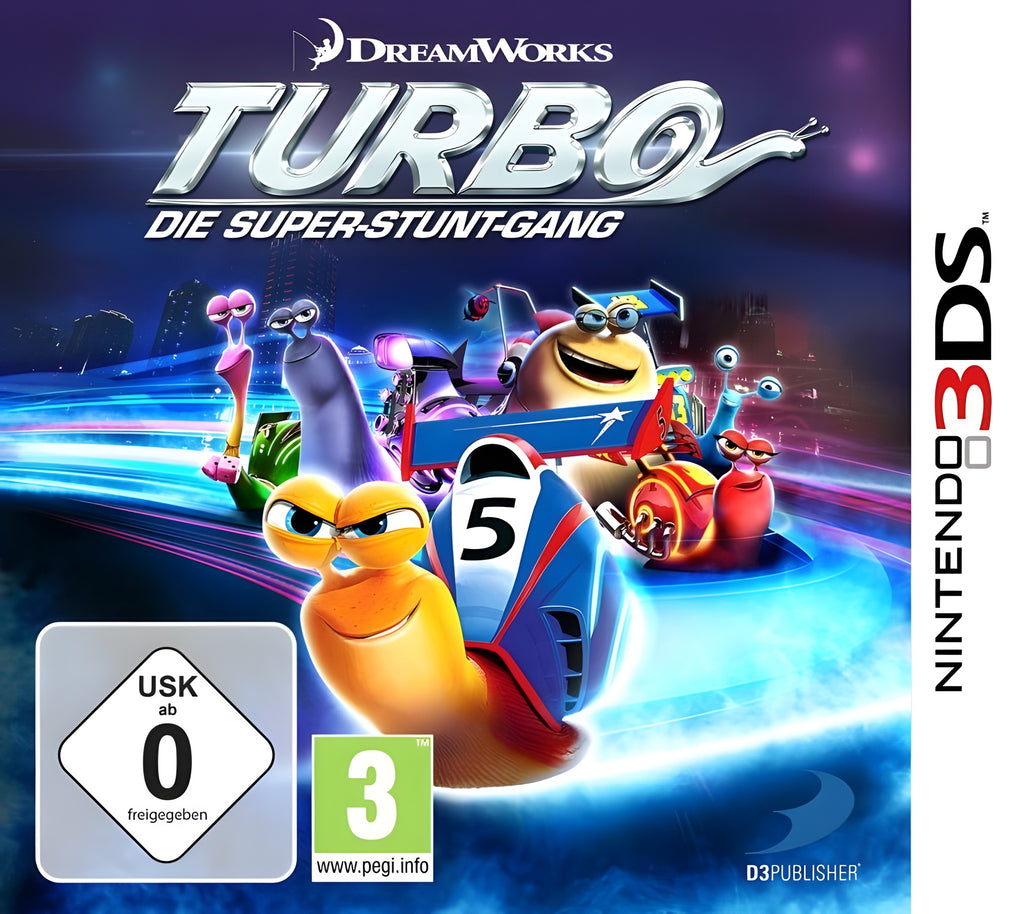 Das Cover von Turbo: Die Super-Stunt-Gang / Super Stunt Squad zeigt Turbo und seine Freunde, USK ab 0 und PEGI 3.