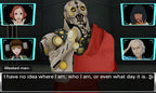 Virtues Last Reward zeigt einen maskierten Mann, umgeben von vier Charakterporträts im Dialog.