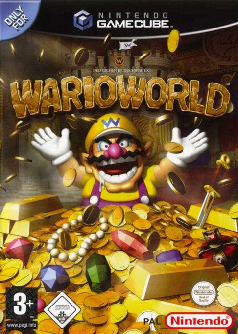 Wario World für Nintendo GameCube zeigt Wario, der in einem Berg aus Goldmünzen und Edelsteinen sitzt, USK ab 0.