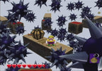Wario steht auf einem schmalen Pfad, umgeben von zahlreichen großen, lila Stachelkugeln.