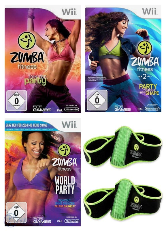 Bundle: Zumba Fitness 1 + Zumba Fitness 2 + Zumba Fitness World Party + 2 Fitness-Gürtel