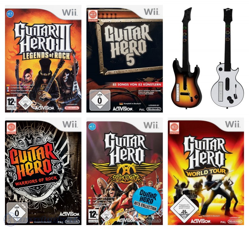 Guitar Hero Bundle: 3 & 5, Warriors of Rock, Aerosmith, World Tour & 2 Guitars weiß/braun