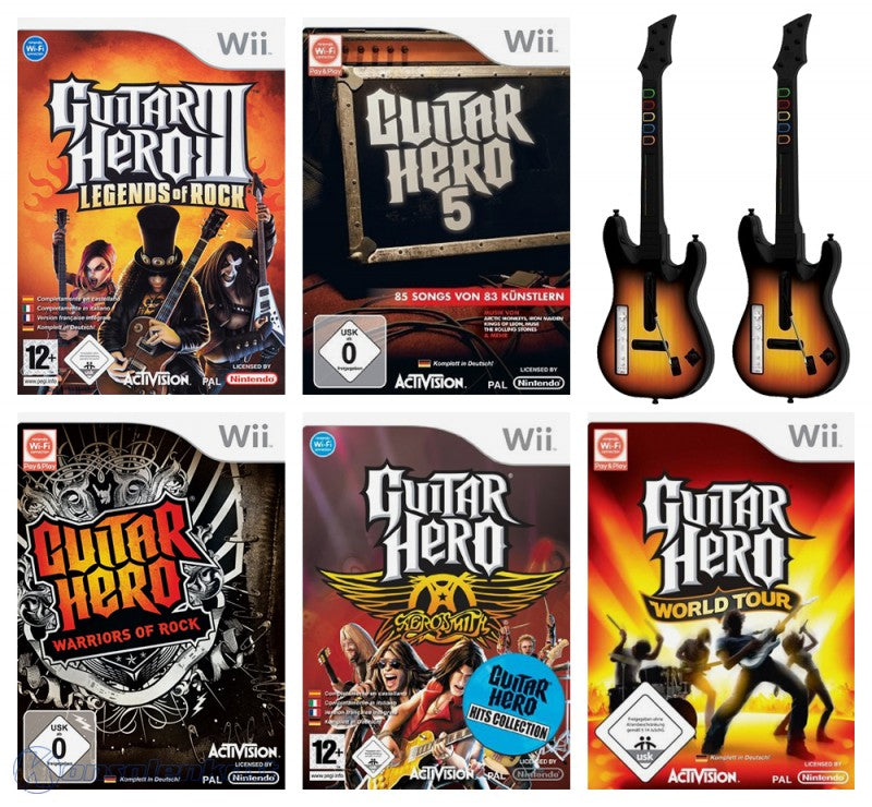 Guitar Hero Set: 3 & 5 + Warriors of Rock + Aerosmith + World Tour + 2 Gitarren schwarz-rot