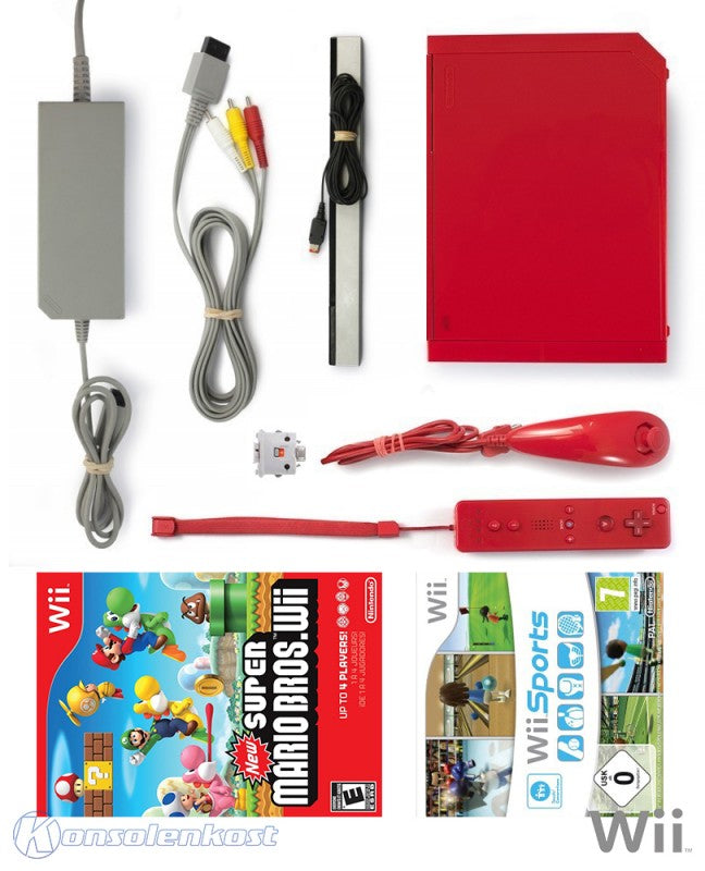 Konsole rot + New Super Mario Bros. + Wii Sports + Original Remote Plus + Zubehör