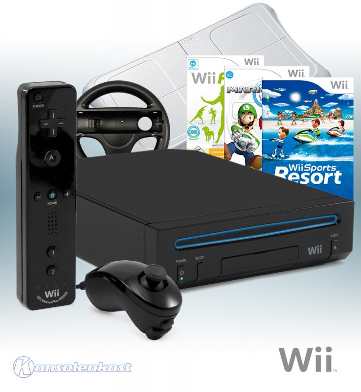 Konsole RVL-101 schwarz + 3 Wii Spiele + Original Remote Plus + Balance Board + Lenkrad