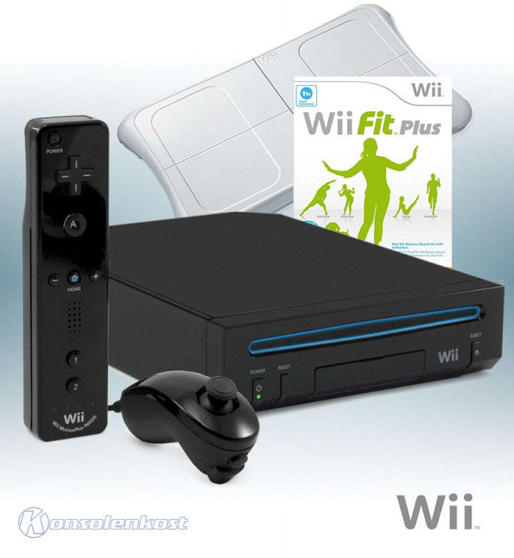 Konsole schwarz + Wii Fit Plus + Original Remote Plus + Original Balance Board weiß