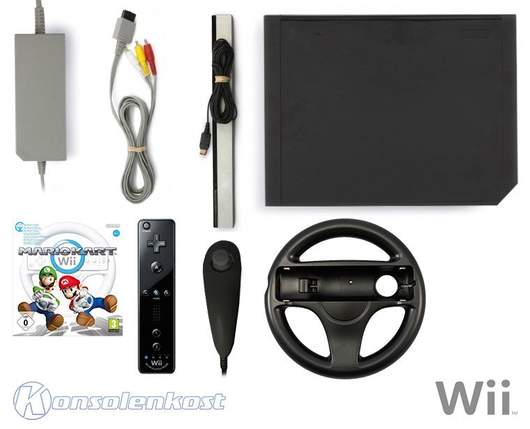 Konsole - Mario Kart Pak schwarz + Spiel + Original Remote Plus + Lenkrad + Zubehör