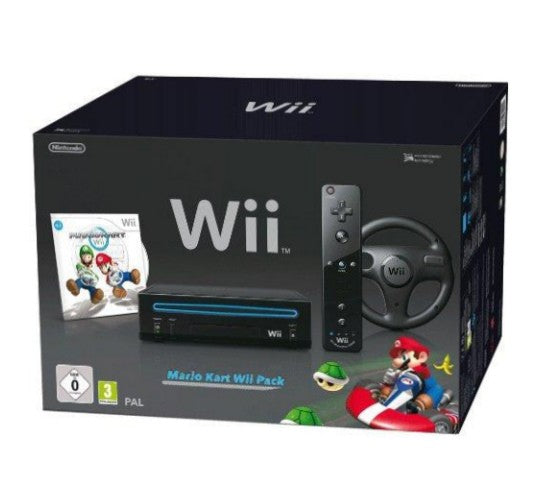 Konsole - Mario Kart Pak schwarz + Spiel + Original Remote Plus + Lenkrad + Zubehör