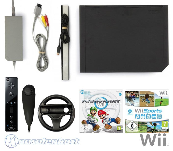 Konsole - Mario Kart / Sports Pak + Spiele + Original Remote Plus + Lenkrad + Zubehör