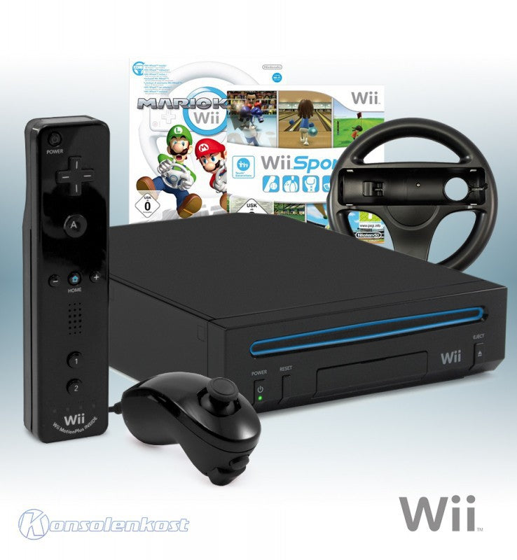 Konsole - Mario Kart / Sports Pak + Spiele + Original Remote Plus + Lenkrad + Zubehör