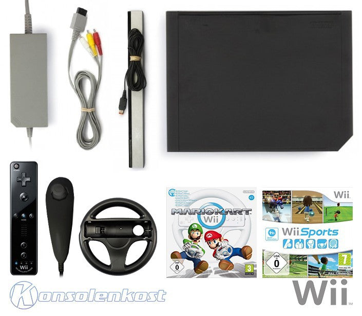 Konsole - Mario Kart / Sports Pak + Spiele + Original Remote Plus + Lenkrad + Zubehör