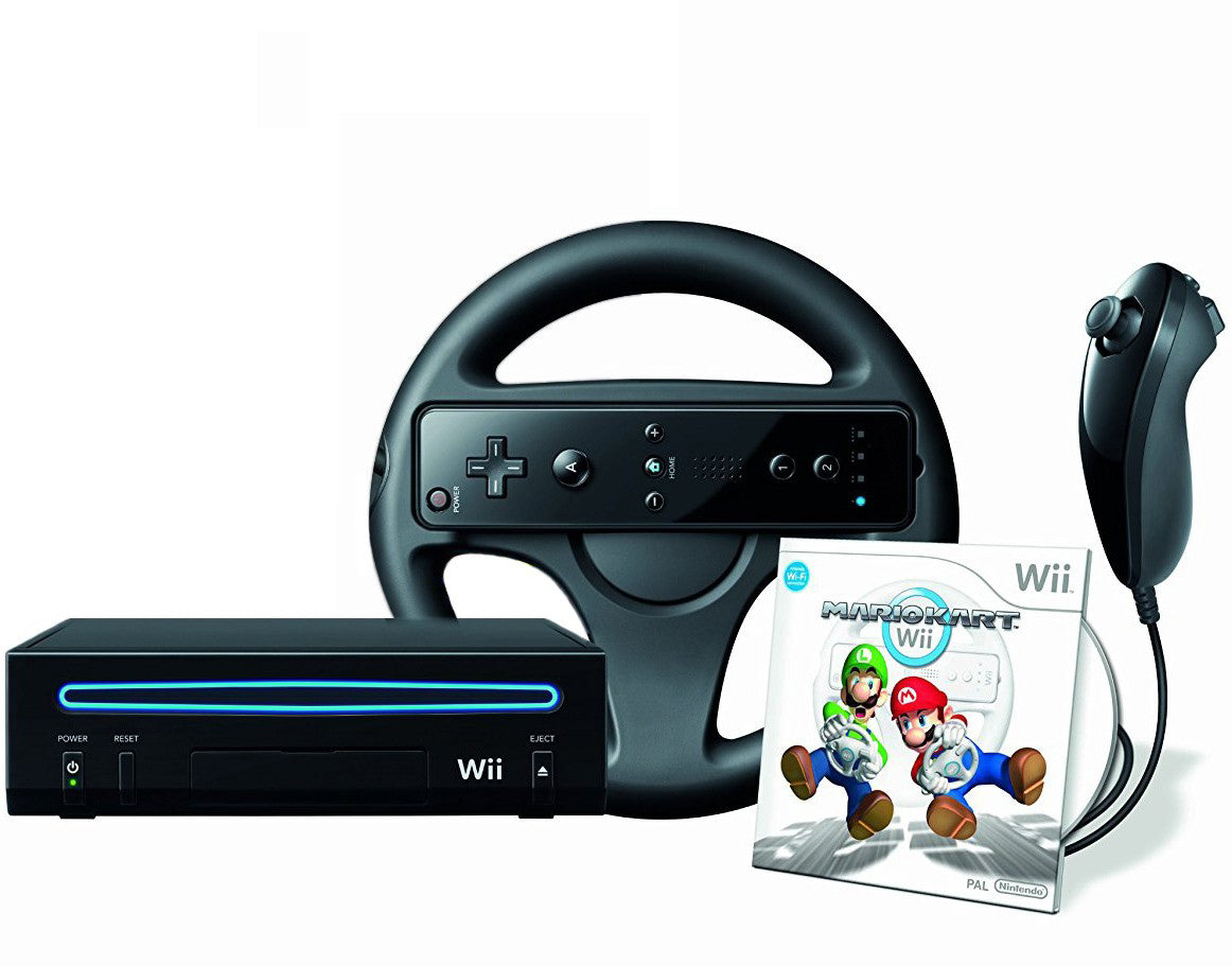 Konsole schwarz + Wii Mario Kart + Remote + Lenkrad + Zubehör