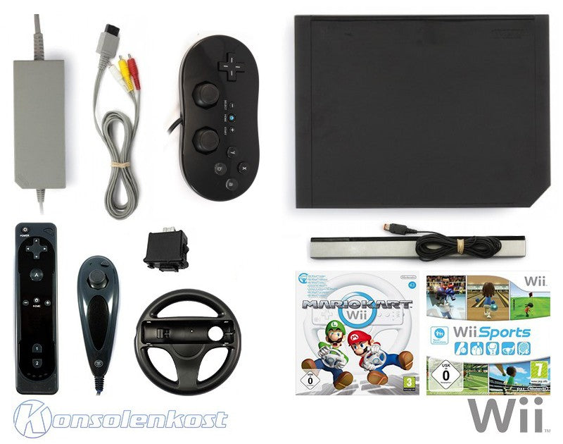 Konsole - Game Bundle schwarz + Wii Sports + Wii Mario Kart + Remote + Motion Plus Adapter + Lenkrad + Zubehör