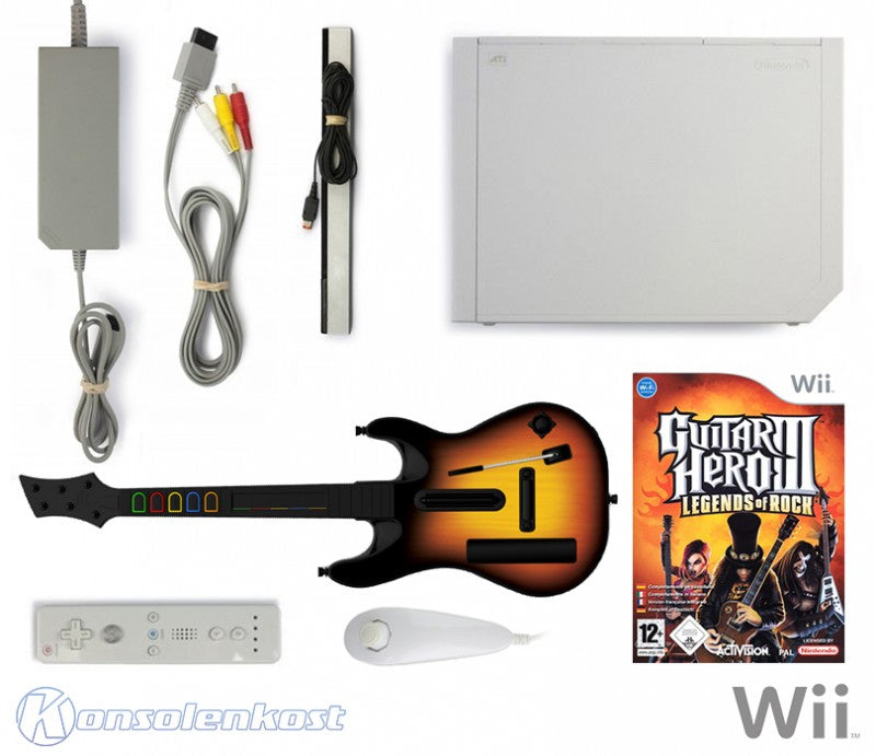 Konsole weiß + Guitar Hero 3 + Gitarre + Remote + Zubehör