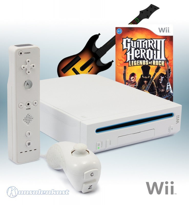 Konsole weiß + Guitar Hero 3 + Gitarre + Remote + Zubehör