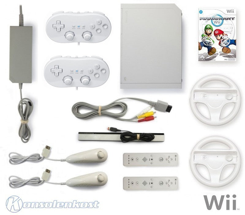 Konsole weiß + Mario Kart + 2 Remotes + 2 Controller + 2 Lenkräder + Zubehör