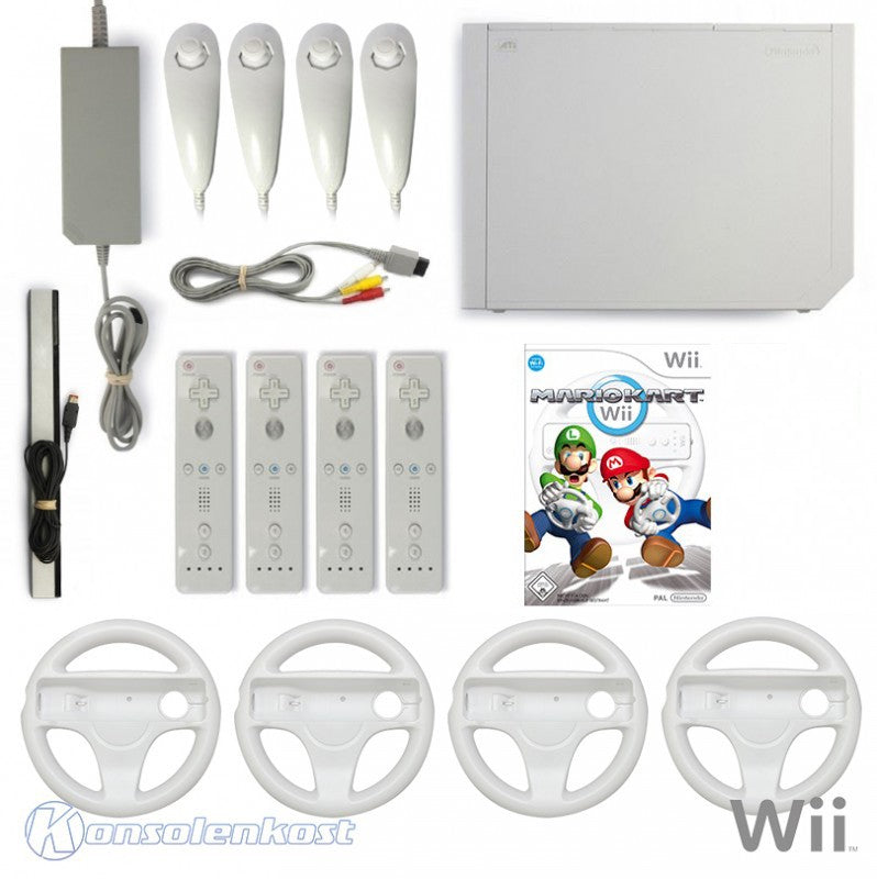 Konsole weiß + Mario Kart + 4 Remotes + 4 Lenkrädern + Zubehör