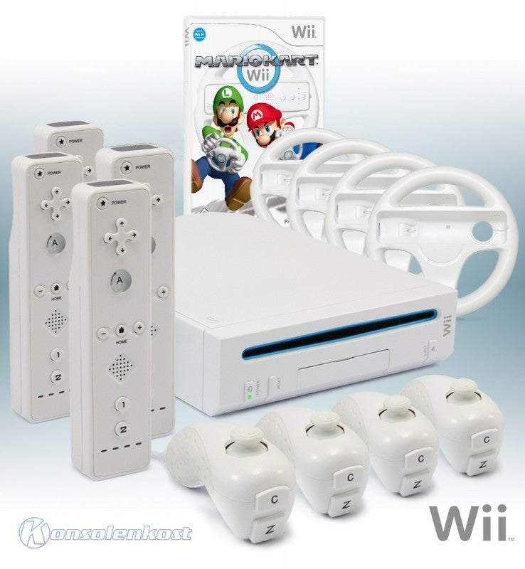 Konsole weiß + Mario Kart + 4 Remotes + 4 Lenkrädern + Zubehör
