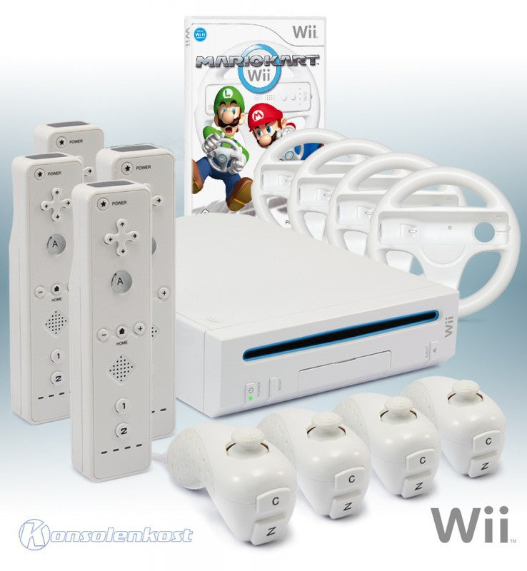 Konsole weiß + Mario Kart + 4 Remotes + 4 Lenkrädern + Zubehör