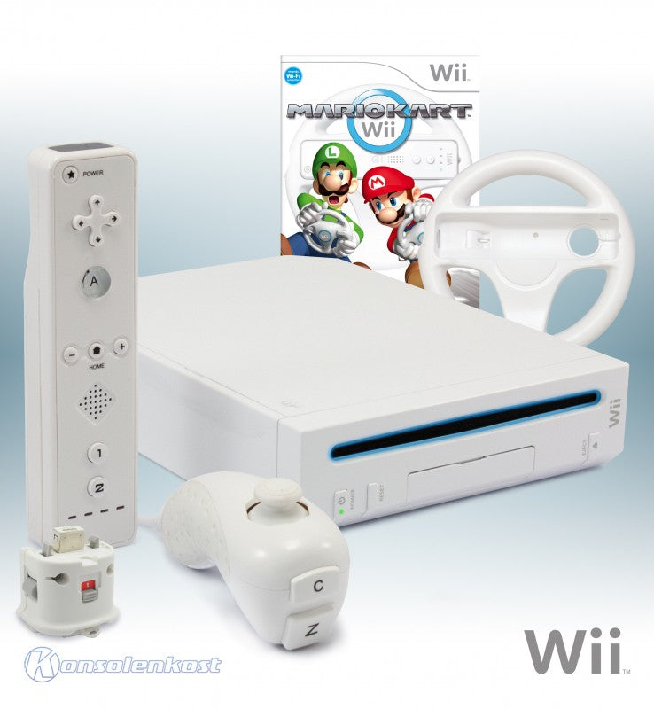 Konsole weiß + Mario Kart + Remote + Motion Plus Adapter + Lenkrad + Zubehör
