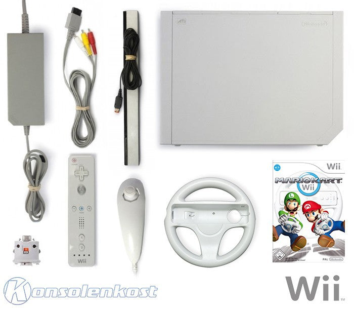 Konsole weiß + Mario Kart + Original Remote + Motion Plus Adapter + Lenkrad