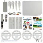 Konsole weiß + Mario Kart + Wii Sports + 4 Remotes + 4 Lenkrädern + Zubehör