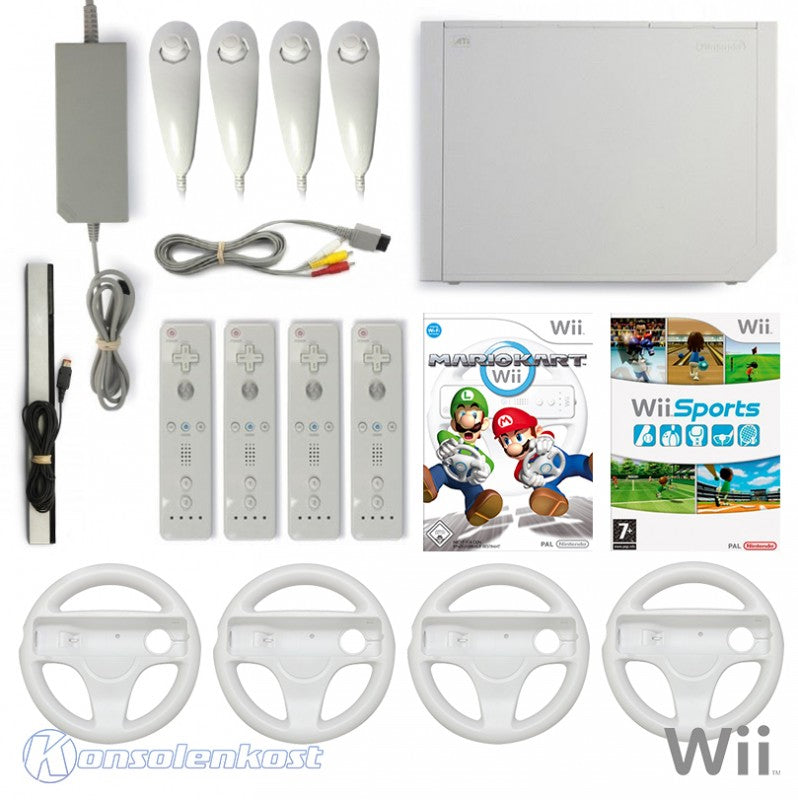 Konsole weiß + Mario Kart + Wii Sports + 4 Remotes + 4 Lenkrädern + Zubehör