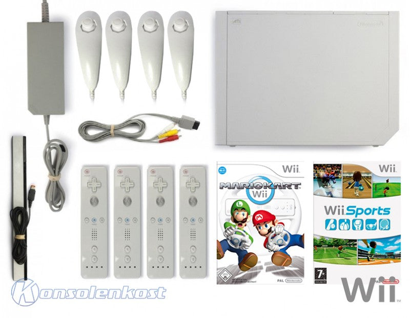 Konsole weiß + Mario Kart + Wii Sports + 4 Remotes + Zubehör
