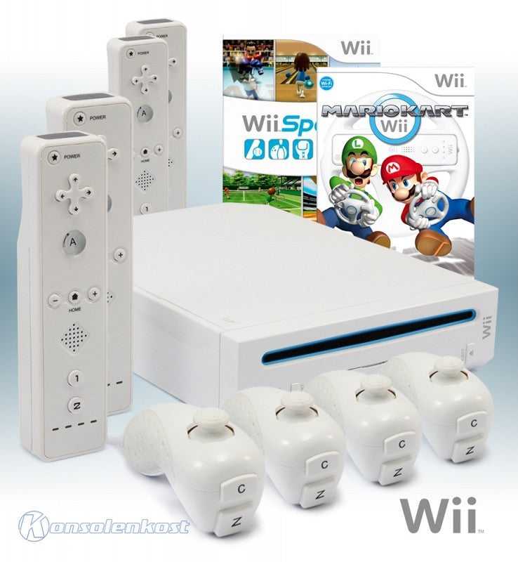 Konsole weiß + Mario Kart + Wii Sports + 4 Remotes + Zubehör