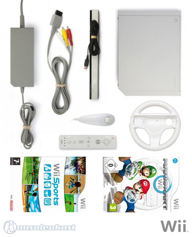 Konsole weiß + Mario Kart + Wii Sports + Original Remote + Lenkrad