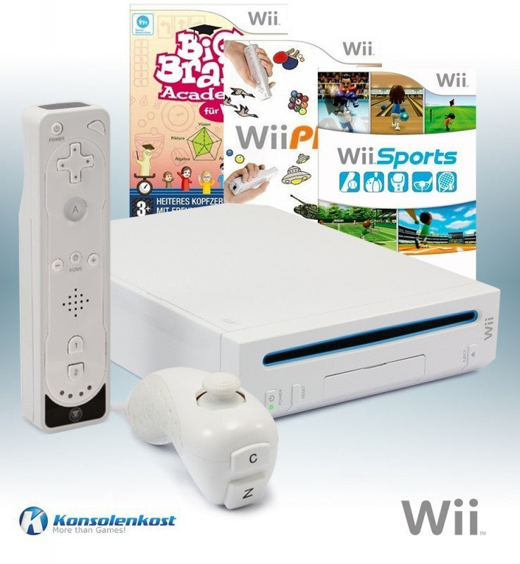 Konsole weiß + Wii Sports + Wii Play + Big Brain Academy + Remote + Zubehör