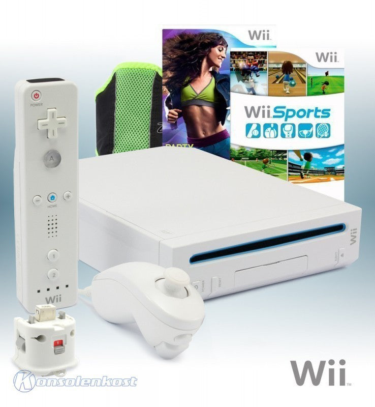 Konsole weiß + Wii Sports + Zumba Fitness 2 + Fitness-Gürtel + Original Remote Plus