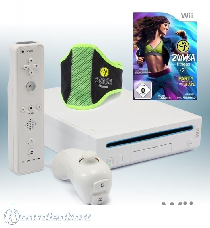 Konsole - Game Bundle weiß + Zumba Fitness 2 + Fitnessgürtel + Remote + Zubehör