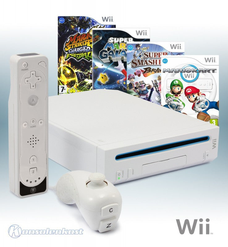 MegaSet: Konsole + Mario Kart + Smash Bros + Mario Galaxy + Mario Football + Remote weiß